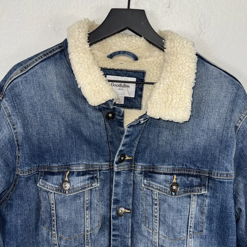 Goodfellow Men's Large Sherpa Denim Trucker Jacket Heavy Warm Casual Winter Blue
